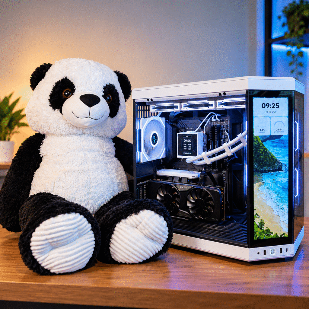 Alt text: Custom-built desktop PC with illuminated internal components, liquid cooling, and a built-in display, showcased beside a large plush panda on a wooden desk.