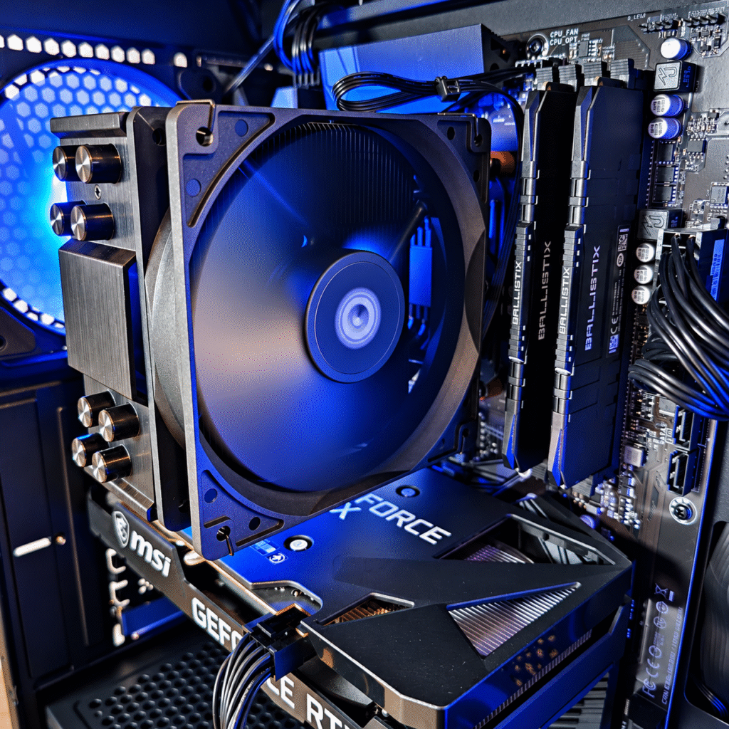 Close-up of a custom-built gaming PC featuring an MSI GeForce RTX graphics card, Ballistix RAM and high-performance CPU air cooling with blue LED lighting.