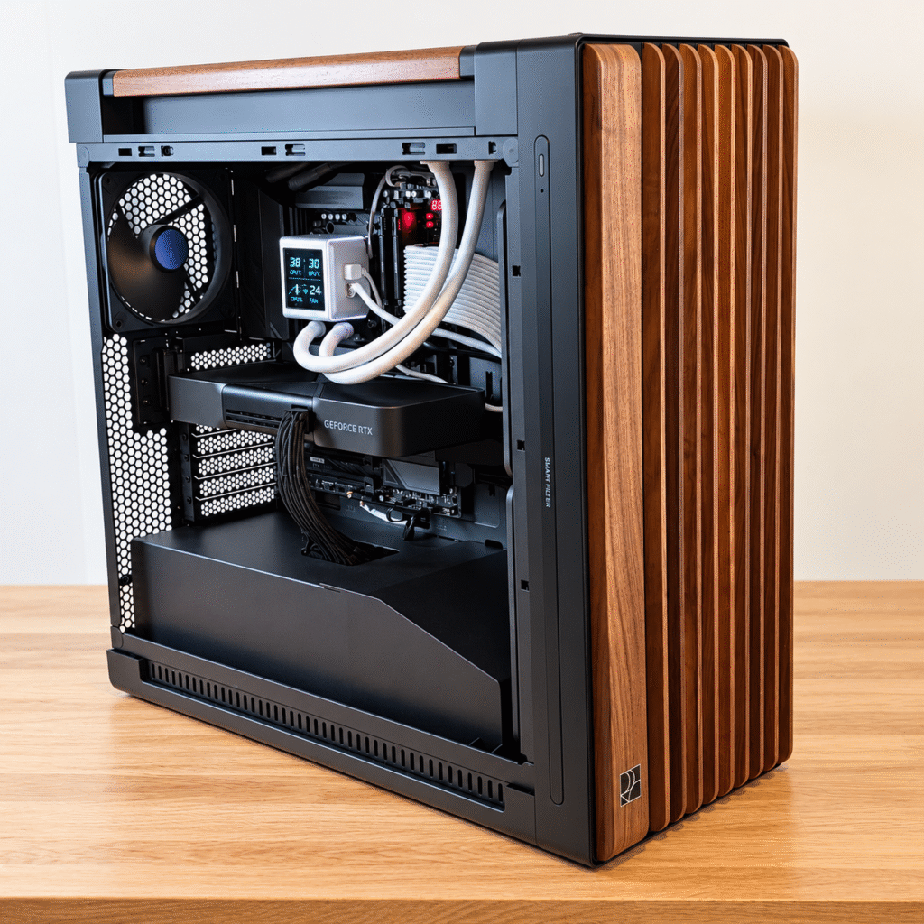 Custom-built high-performance PC featuring an NVIDIA GeForce RTX 5090 graphics card in an ASUS ProArt case with wood-effect front panel, built by Computerworks.