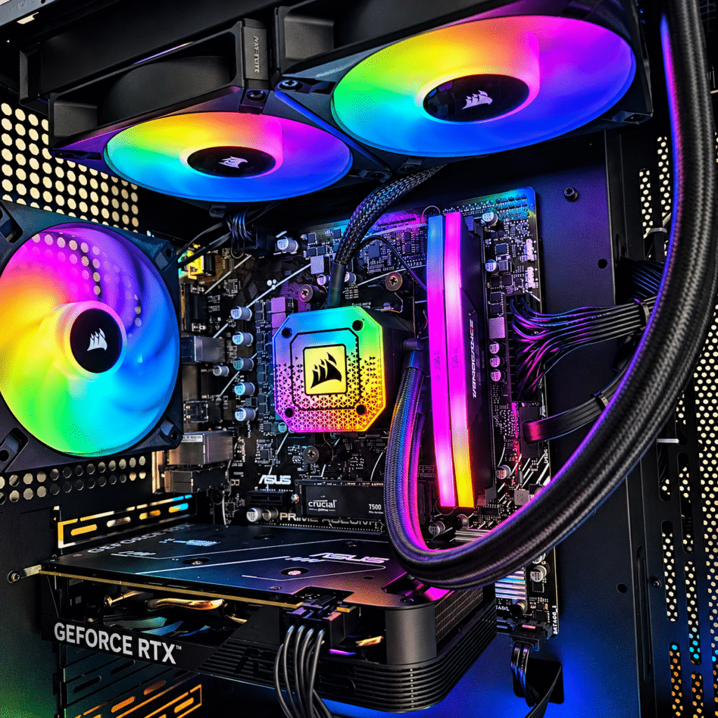 Custom-built gaming PC in a GameMax case, featuring an ASUS GeForce RTX graphics card, Corsair RGB liquid cooling, illuminated RAM and vibrant RGB fans, built by Computerworks.